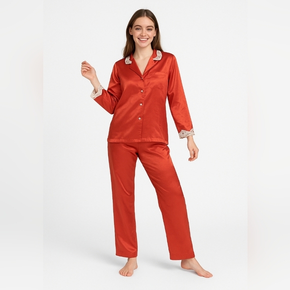 Oscar De La Renta Pink Label Silky Satin Coral Pink Lace 2 Piece Matching Set Pj - Picture 1 of 12